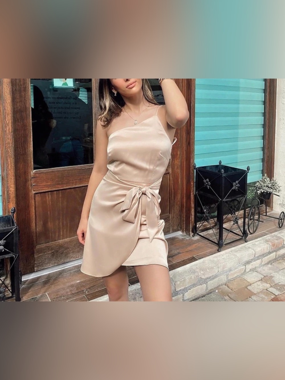 Gianni Bini Satin One Shoulder Mini Dress in Taupe